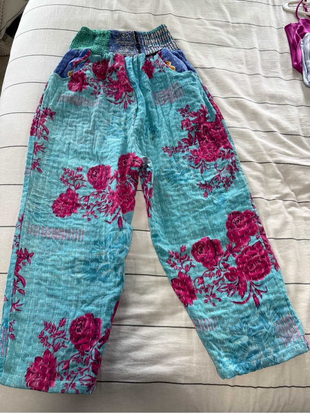 Women’s Floral Pajama Pants - Aqua with Magenta Roses